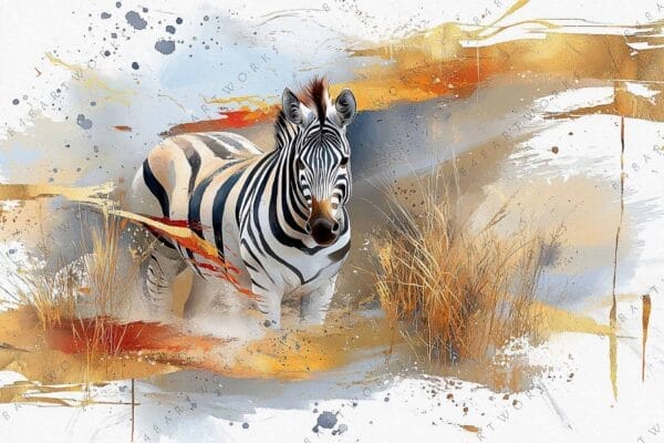 "Abstract digital painting of a zebra surrounded by golden grass and splashes of color."