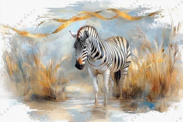 "Digital painting of a zebra standing in tall grass in earthy tones."