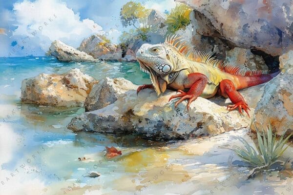 Watercolor painting of an iguana on coastal rocks with turquoise water and blue sky.