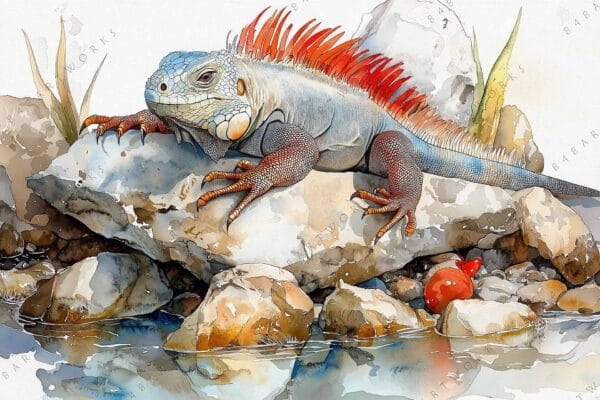 Watercolor painting of an iguana with red spines on rocks by a pond.