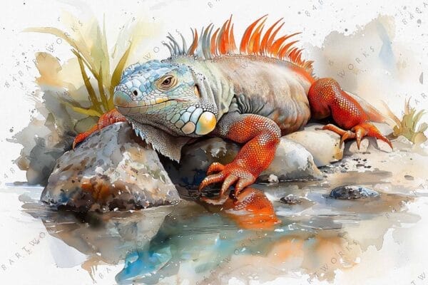"Digital watercolor art of an iguana with vibrant orange spines by a pond."