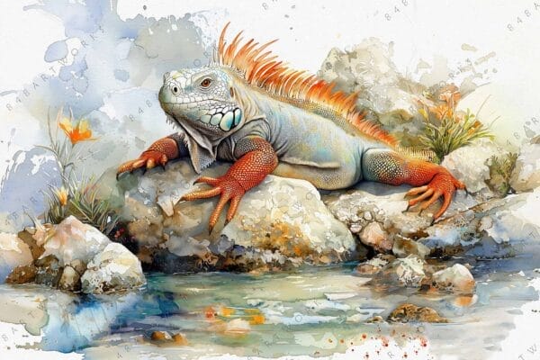 "Watercolor painting of an iguana on rocks by a small stream."