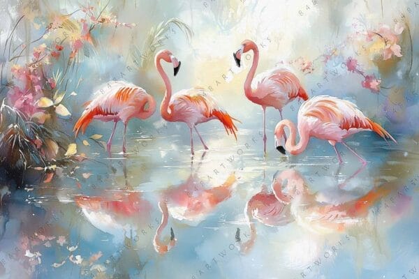 "Digital painting of flamingos by a pond with soft pastel colors."