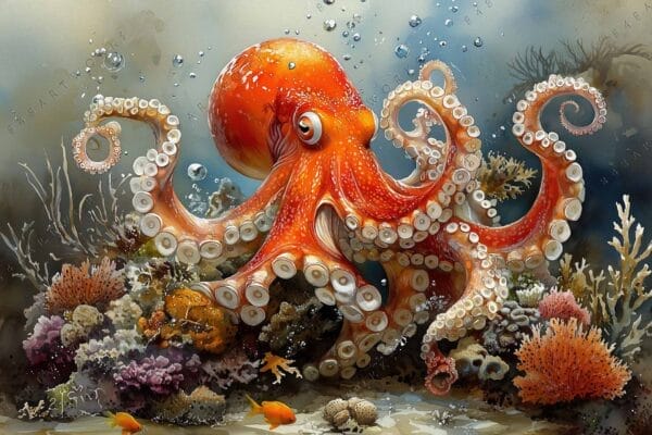 Illustration of a vibrant orange octopus amidst colorful coral and underwater plants.