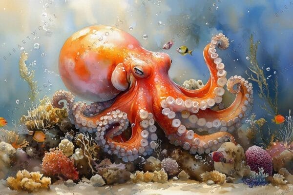 Digital painting of a vibrant orange octopus on a colorful coral reef.
