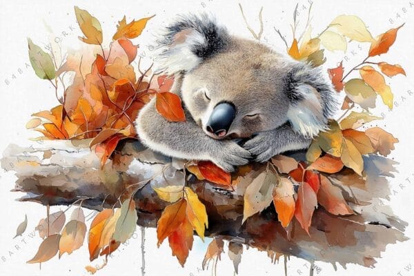 Watercolor painting of a sleeping koala surrounded by orange and brown autumn leaves.