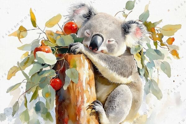 Watercolor painting of a sleeping koala hugging a tree with branches and leaves.
