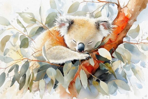 "Watercolor painting of a sleeping koala on a eucalyptus branch with soft earthy tones."