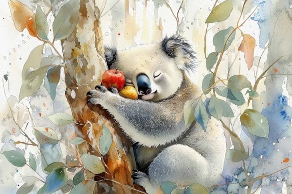 Watercolor painting of a koala hugging a tree with apples, surrounded by leaves.