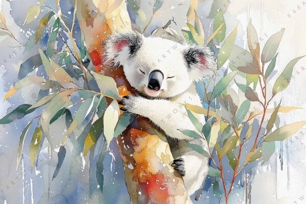 Watercolor painting of a koala hugging a tree with eucalyptus leaves, in soft hues.