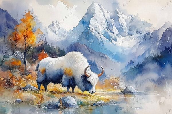 "Watercolor painting of a white yak in a mountain landscape with autumn foliage."