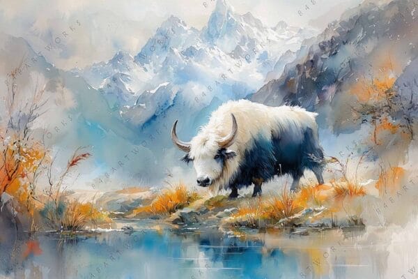 "Watercolor painting of a yak by a lake with snowy mountains in the background."