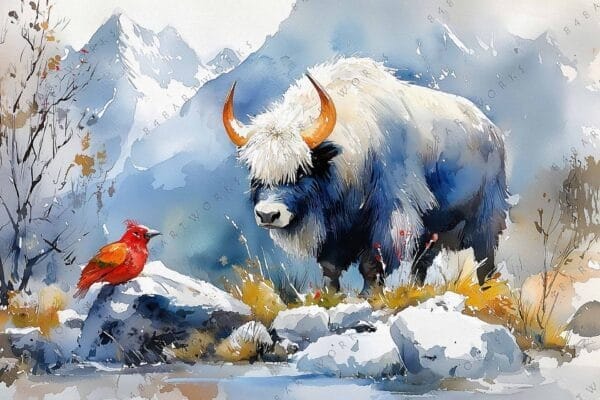 Watercolor painting of a yak and red bird in a snowy mountain landscape.