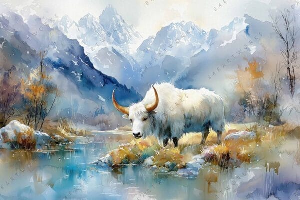 Watercolor painting of a white yak by a mountain lake in soft pastel tones.