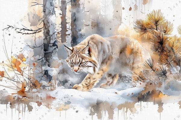 "Watercolor painting of a lynx walking in a snowy forest with earthy tones."
