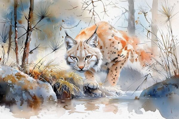 "Watercolor painting of a lynx in a snowy forest with blue and brown tones."