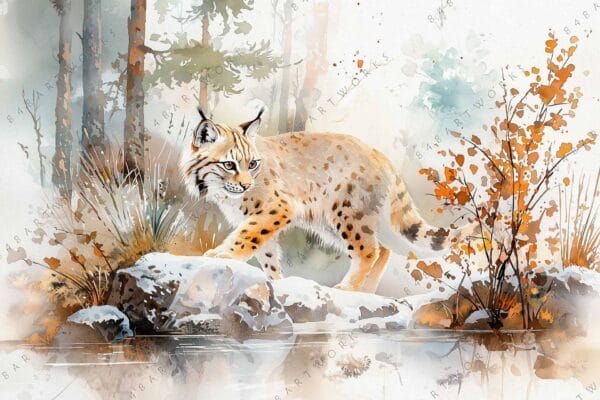 "Watercolor painting of a lynx in a forest with autumn leaves and snow."