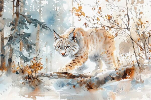 Watercolor painting of a lynx prowling through a snowy forest with autumn foliage.