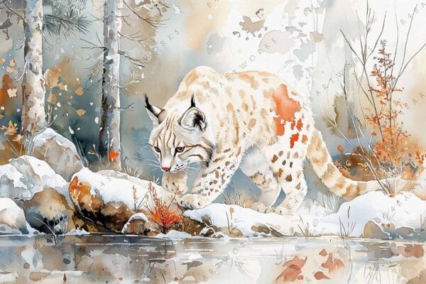 "Watercolor painting of a lynx walking in a snowy forest with muted colors."