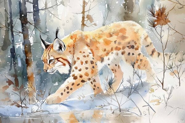 "Watercolor painting of a lynx in a snowy forest with muted earth tones."