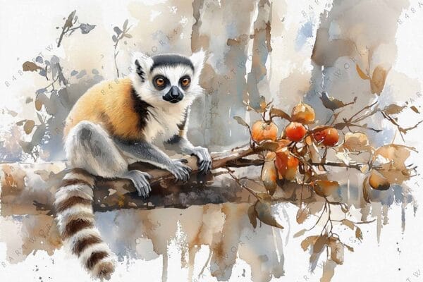 "Watercolor painting of a ring-tailed lemur on a branch with orange fruits and leaves."