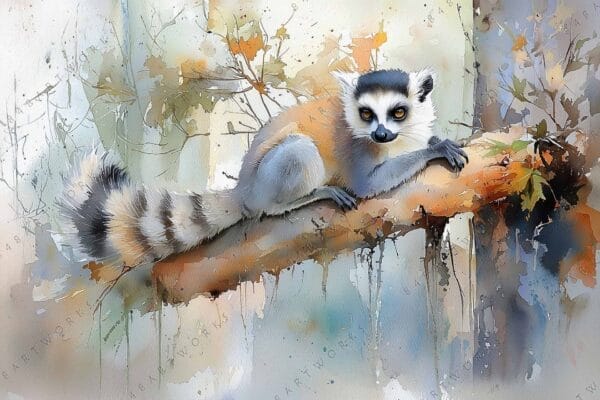 "Watercolor painting of a ring-tailed lemur on a branch with autumn leaves."
