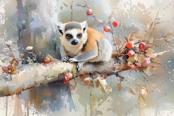 Watercolor painting of a lemur on a branch with red berries.