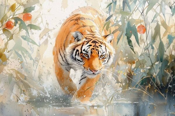 "Watercolor painting of a tiger stepping through water, surrounded by foliage and oranges."