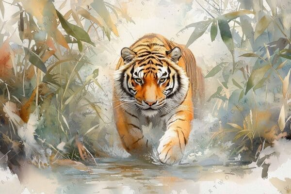 "Watercolor-style digital painting of a tiger stalking through lush green foliage."