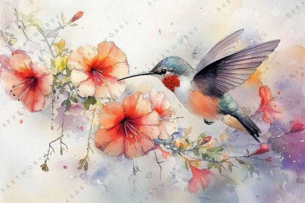 Watercolor painting of a hummingbird near vibrant orange flowers on a soft background.