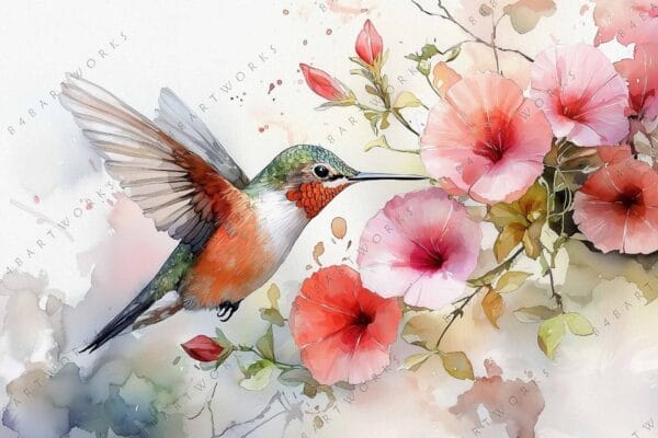 Watercolor painting of a hummingbird near pink and coral flowers.