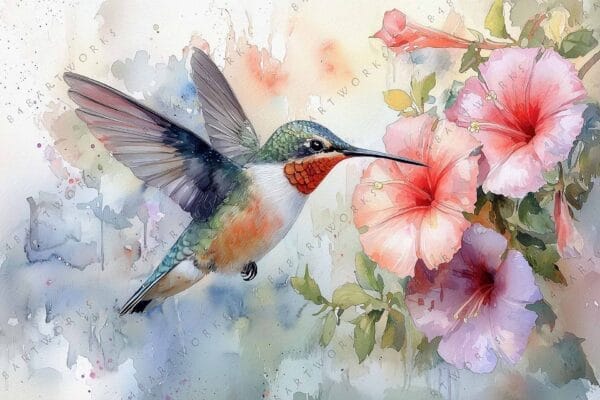 "Watercolor painting of a hummingbird near pink hibiscus flowers with soft pastel background."