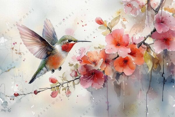 Watercolor painting of a hummingbird hovering near pink and orange flowers.