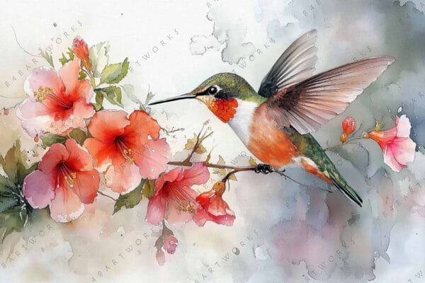 "Watercolor painting of a hummingbird hovering near red and pink hibiscus flowers."