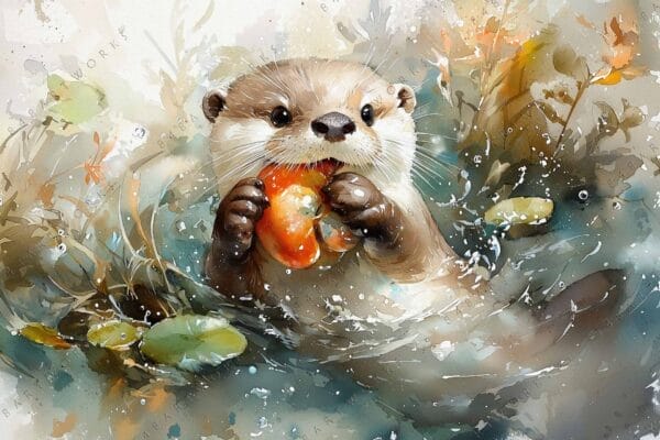 Watercolor painting of an otter holding a red apple amid splashing water.