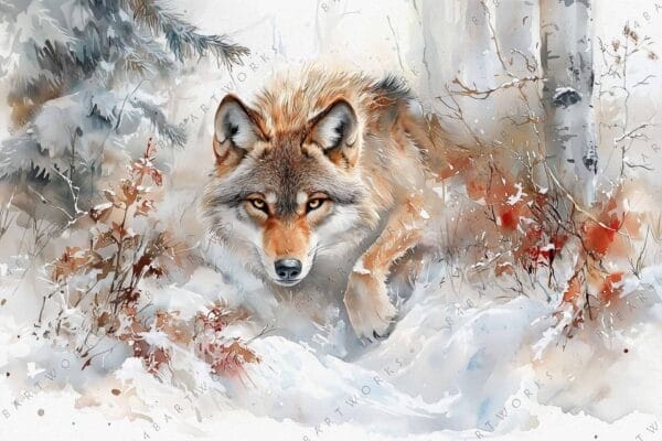 "Watercolor painting of a wolf in a snowy forest with warm earth tones."