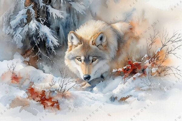 Watercolor painting of a wolf in snowy forest with red leaves and evergreen trees.