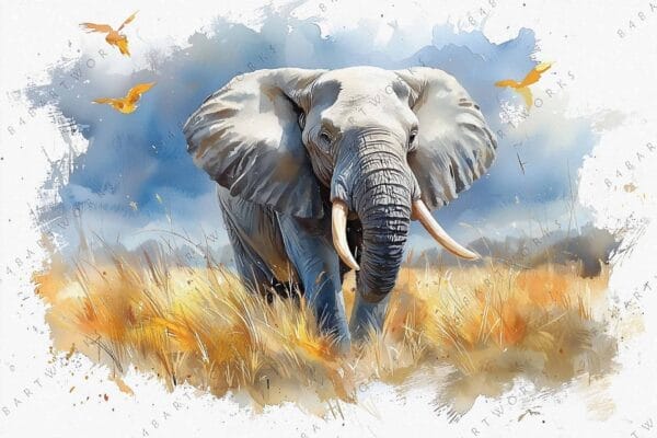 Digital painting of an elephant in a savanna, with vibrant blue and orange hues.