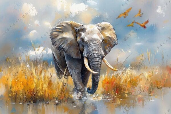 "Digital painting of an elephant walking through vibrant grass with birds in a blue sky."