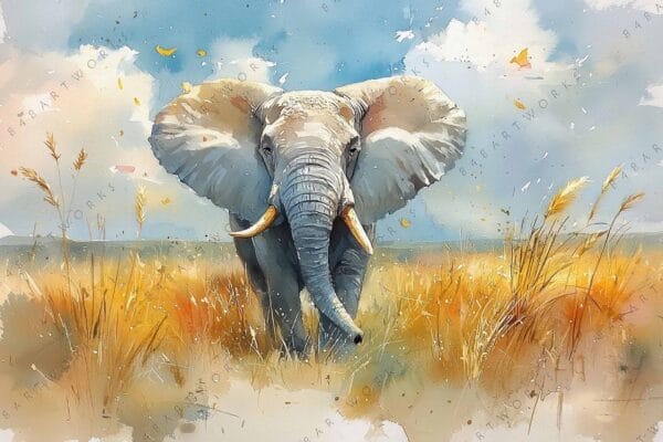Watercolor painting of an elephant in a grassy savannah under a blue sky.
