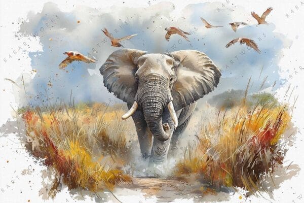 "Watercolor painting of an elephant running through tall grass with birds flying overhead."