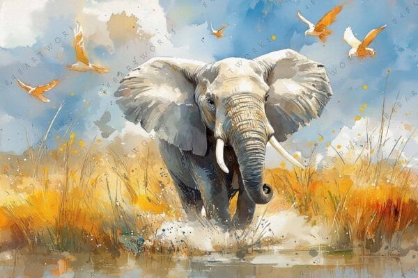 Watercolor painting of an elephant running through grasslands with birds in flight above.