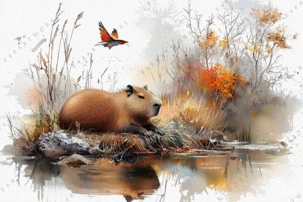 Watercolor painting of a capybara by a river, with vibrant autumn foliage.