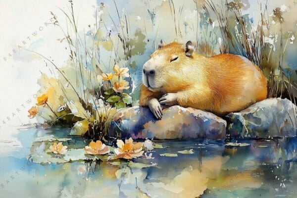 "Watercolor painting of a capybara resting by a pond with orange flowers."