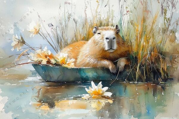 Watercolor painting of a capybara in a boat with flowers and reeds.