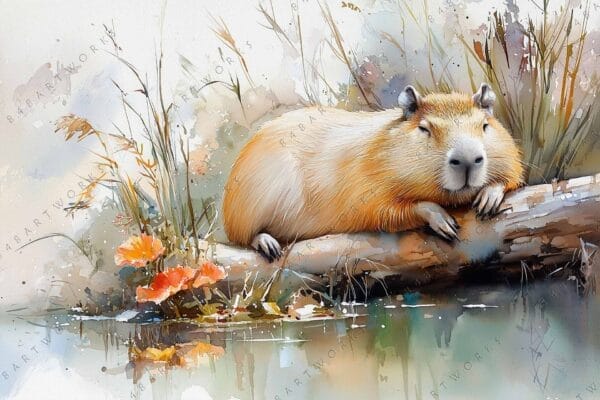 Watercolor painting of a resting capybara by a pond with orange flowers.