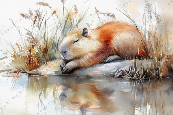 "Watercolor painting of a capybara resting on riverbank with tall grasses."