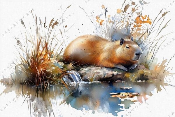 "Watercolor painting of a capybara resting by a reflective pond with autumn foliage."