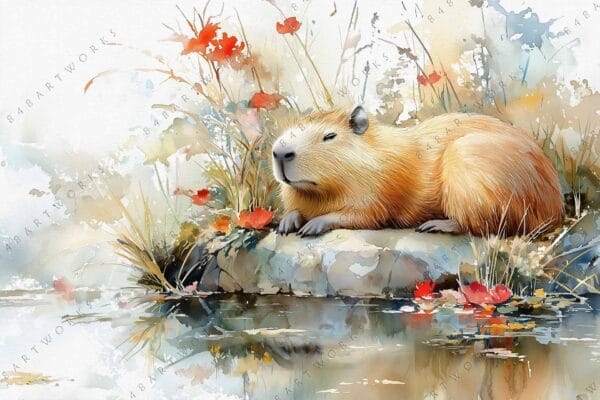 Watercolor painting of a capybara resting beside a pond with red flowers.