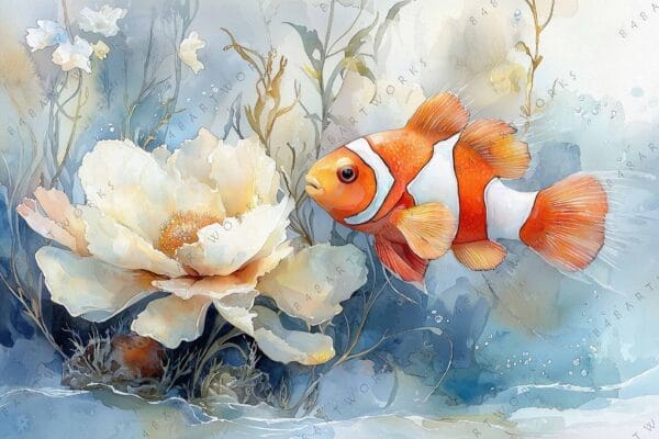 Watercolor painting of a clownfish beside a large white flower in aquatic scenery.